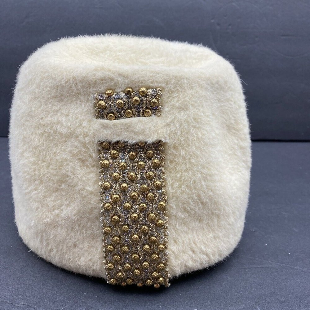 Vintage Ann Marie Cream Tall Structured‎ Hat Beaded Accent USA Union 1960s MCM